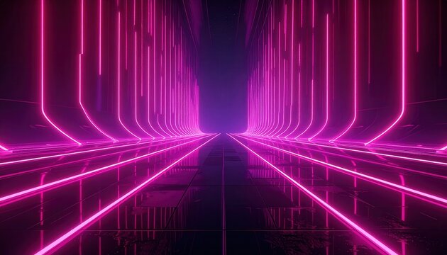 Futuristischer Tunnel mit leuchtenden pinkfarbenen Neonlinien, der eine dynamische digitale Autobahn oder einen virtuellen Raum darstellt.
