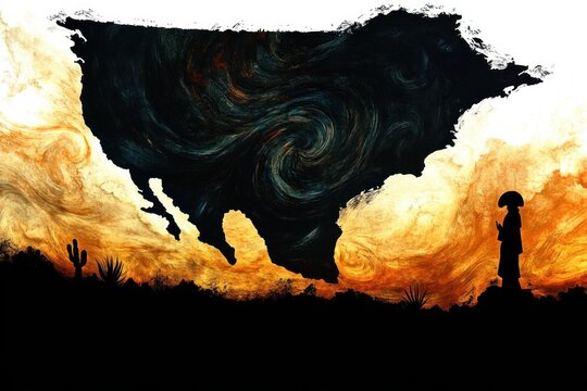 silhouette of united states map filled with swirling dark night sky above golden clouds over a desert with cacti and a lone figure in a wide brim hat, evoking solitude and foreboding