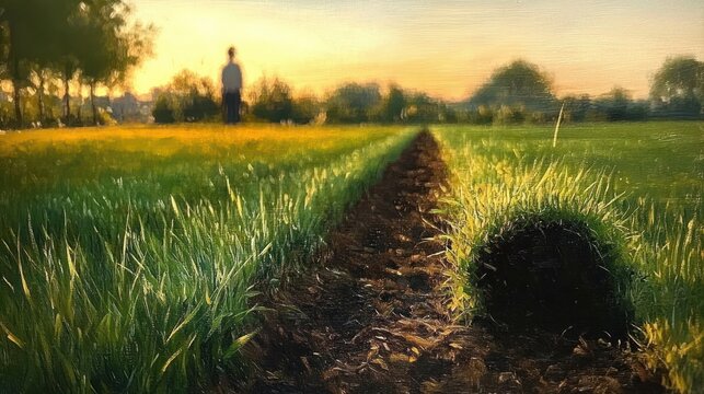 lone figure at sunset in a grassy field with a rolled sod and a long furrow leading to a tree-lined horizon, peaceful and contemplative atmosphere
