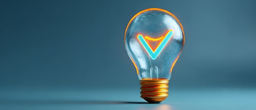Light bulb with neon checkmark and orange glow on dark surface.