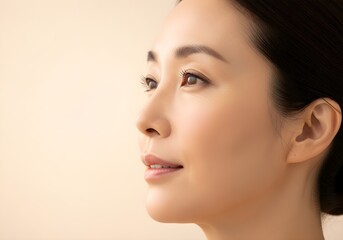 Obraz premium Close-up of a beautiful middle aged Asian woman with youthful glowing skin, representing effective anti-aging skincare.