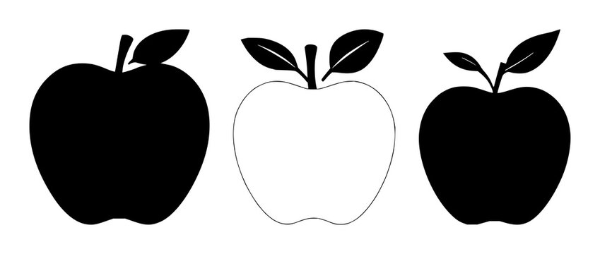 Apple teacher icon set with solid black apple shape on white background featuring education, teaching, iconography with classroom and learning