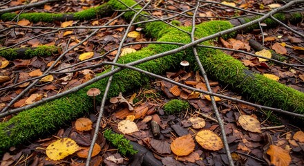 Fototapeta premium Moss Covered Fallen Tree Branches on Forest Floor in Autumn.