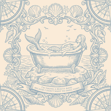 blue and beige mermaid nautical Toile de Jouy line art illustration repeat pattern with humorous quote