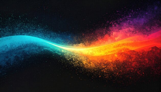 Abstrakte, leuchtende Farbpartikel bilden eine dynamische Welle, die sich von Blau zu Rot auf dunklem Hintergrund erstreckt.