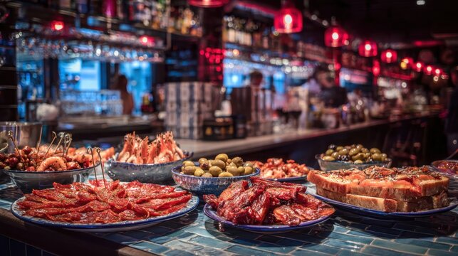 Small plates of assorted tapas and marinated olives served at a restaurant bar
