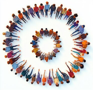 Aerial view of diverse people standing in two concentric circles with arms extended toward the center, colorful clothing, expressing unity and togetherness