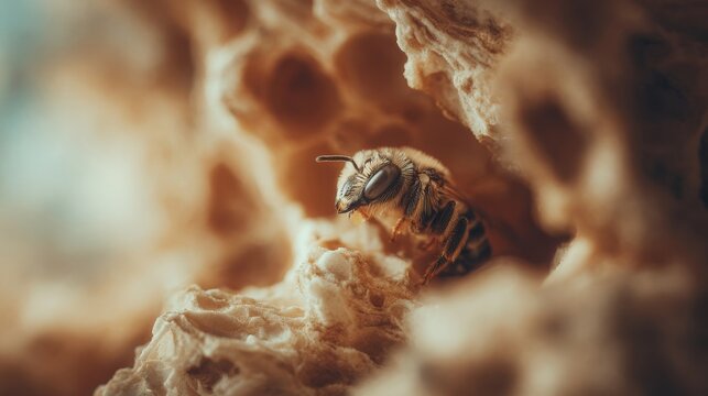 Close-up view of a young bee larva nestled within a wax cell of a honeycomb