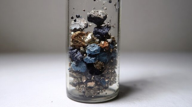 Diverse mineral crystals and metallic ore samples contained within a clear glass cylinder for scientific examination