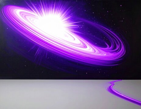 Leuchtende violette Spiralgalaxie mit dynamischer Lichtexplosion und einem mysteri&ouml;sen Pfad auf hellem Vordergrund, symbolisierend unendliche M&ouml;glichkeiten und futuristische Energie.