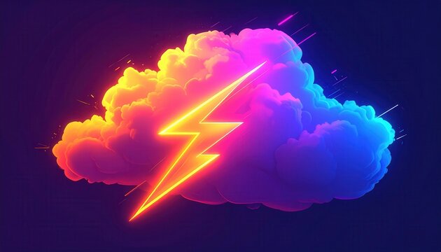 Nube de ne&oacute;n vibrante con rayo el&eacute;ctrico brillante, simbolizando energ&iacute;a digital, poder y creatividad en un fondo oscuro.