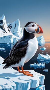 puffin bird standing on icy cliff near ocean waves