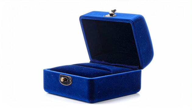 Open blue velvet jewelry box with antique brass clasp on white background