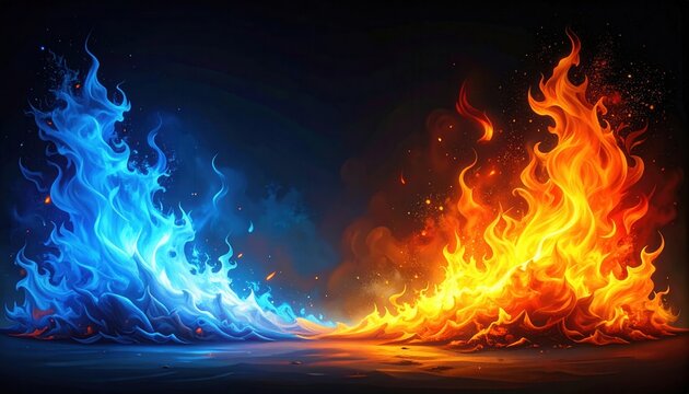Gegens&auml;tzliche Flammen von Rot und Blau treffen sich in einem dramatischen visuellen Kontrast auf dunklem Hintergrund.