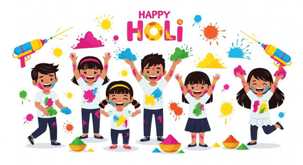 Fototapeta premium Joyful children celebrating Holi festival with colors