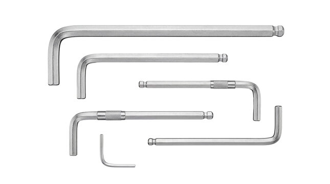 Assortment of metallic hex keys and Allen wrenches, showcasing various sizes and designs on a transparent background.