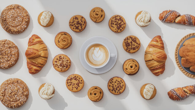 Buttery croissant and assorted muffins and pastries arranged around latte with heart latte art