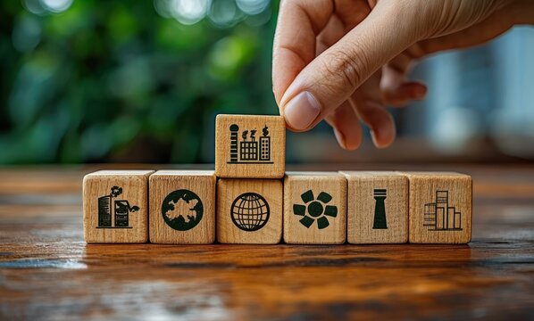 Hand placing a wooden block with a green building icon atop a row of wooden blocks showing factory, globe, flower, lighthouse and chart icons on a wooden table, conveying hopeful sustainable planning