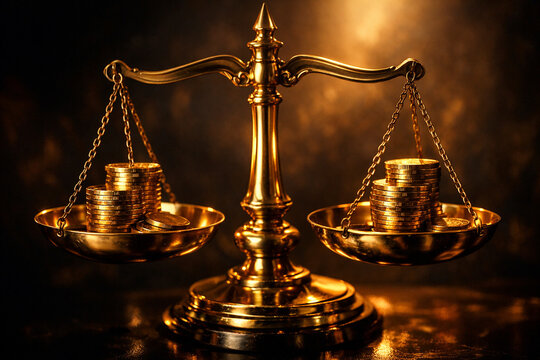 Balanza dorada abstracta con monedas en equilibrio, concepto de justicia financiera y balance econ&oacute;mico