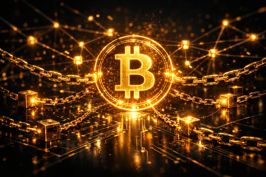 Visualizaci&oacute;n abstracta de criptomoneda y red blockchain con s&iacute;mbolo dorado conectado a nodos digitales