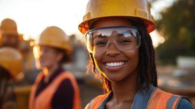 Construction crew in orange safety vests and yellow hard hats at a worksite in warm sunset light, focused and determined