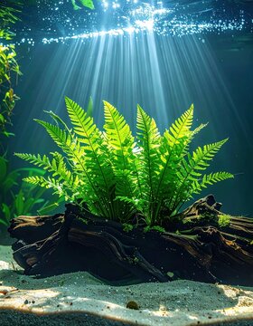 Vibrant green fern illuminated by sunlight beams underwater, rooted in driftwood atop sandy riverbed surrounded by aquatic plants.