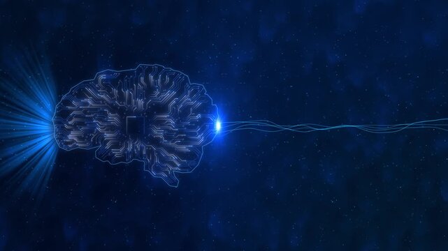 Futuristic AI Technology wireframe Artificial intelligence brain animation. Big Data Flow Analysis. deep learning blockchain. neural network concept. Brain thinking process shining. 3D circuit boards.