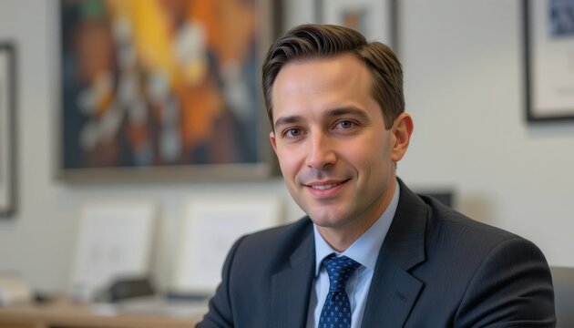 A confident young businessman in a suit smiles warmly while sitting in an office setting with blurred artwork and furniture in the background.