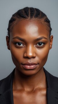 Close-up portrait of a confident young woman with braided hair, wearing a black blazer against a plain gray background.