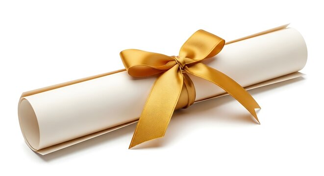 Golden rolled up scroll with red wax seal and ribbon on white background gold scroll rolled parchment