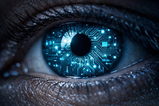 Macro extremo de ojo humano con patrones de circuito digital reflejados en el iris en tonos azules y turquesa