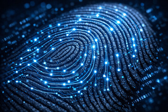 Macro de huella digital humana con red de datos luminosa superpuesta, concepto de seguridad biom&eacute;trica