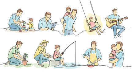 Fototapeta premium Continuous Line Art Illustration of Fathers and Children in Everyday Activities