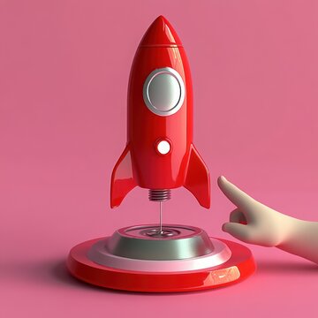 Glossy red toy rocket on a silver launch pedestal with a pointing hand against a pink background, playful and anticipatory mood