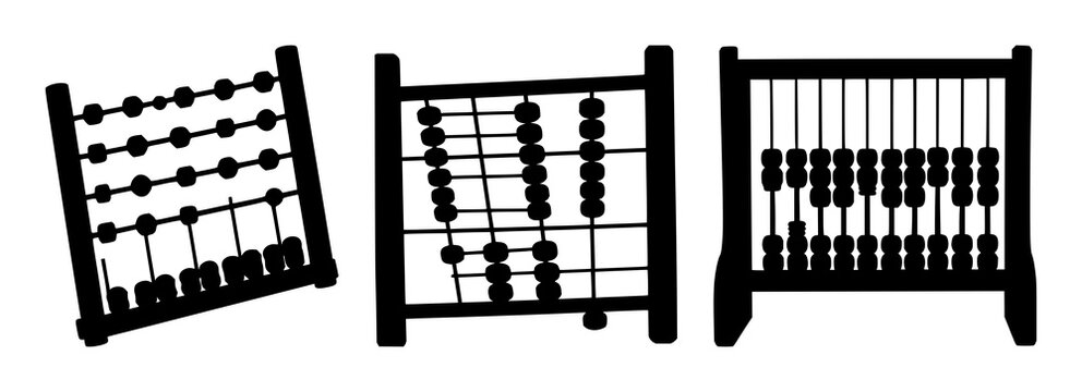 Abacus set with black silhouette on white background featuring mathematical calculation, counting tools, educational accessory with design graphic and geometry