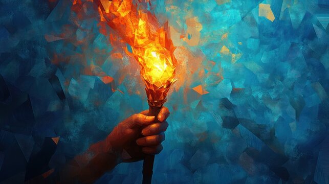 hand firmly holding a blazing torch against a textured blue abstract background, evoking determination and hope