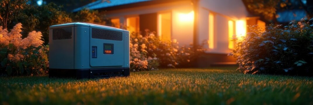 Compact backup generator on a lush backyard lawn at dusk with glowing cozy house, flowering bushes and warm evening light conveying calm reassurance