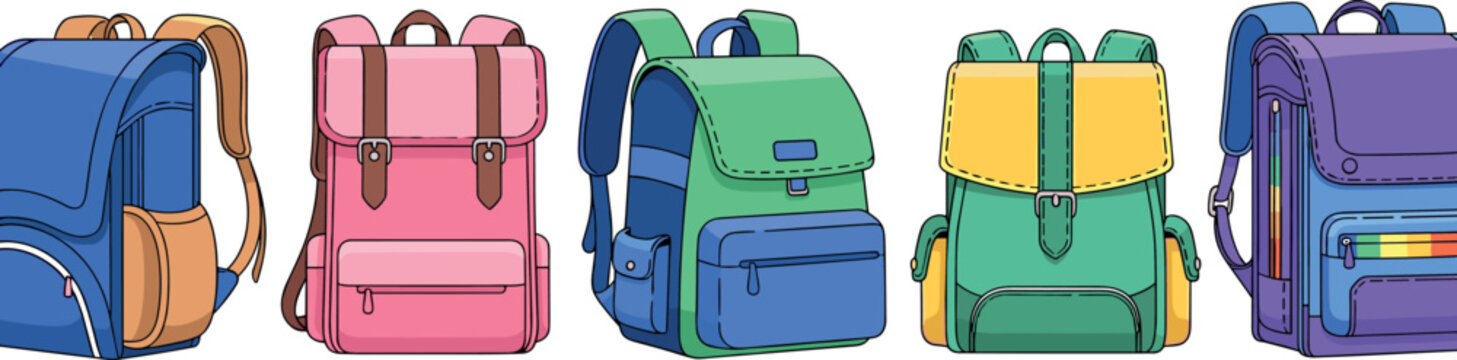 Illustrated Set of Colorful Backpacks with Casual and School Designs, Featuring Trendy Styles in Blue, Pink, Green, and Purple for Fashion and Function