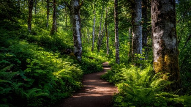 Sunlit winding forest trail surrounded by lush green ferns and towering trees in a temperate rainforest