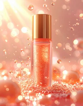A glowing, peach-colored cosmetic bottle with gold cap surrounded by sparkling bubbles and radiant light, evoking luxury and freshness.