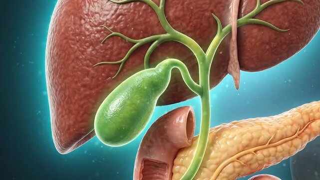3D medical illustration of gallbladder, liver, bile duct and pancreas anatomy in digestive system with duodenum, detailed realistic organ structure for clinical education