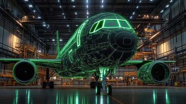 Front view of a large jet inside an empty hangar overlaid with glowing green wireframe holographic diagnostics, evoking futuristic awe and high-tech inspection