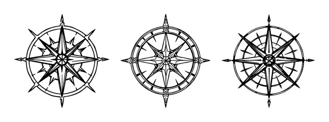 Fototapeta premium Compass rose set with sketchy hand-drawn line art featuring ornate 16th-century design, navigation symbol, white background with compass and history