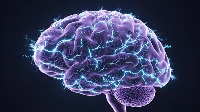 Purple brain with electric impulse on dark background