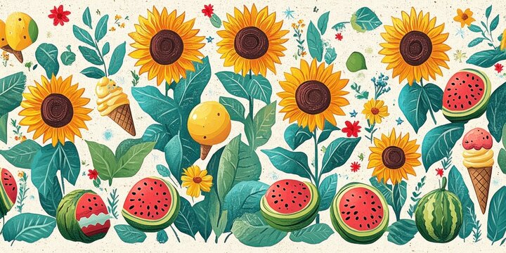 cheerful summer pattern of bright sunflowers, green foliage, sliced and whole watermelons, yellow ice cream cones and round popsicles on a light background