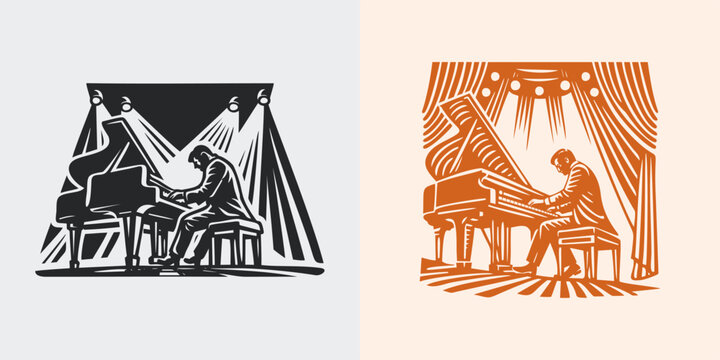 Grand Piano Player Concert Woodcut Style Illustration