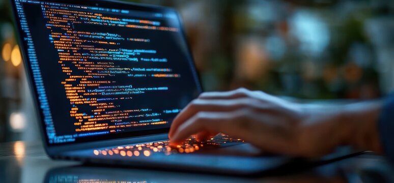 hands typing on a laptop displaying glowing code on screen with warm bokeh background conveying focused concentration