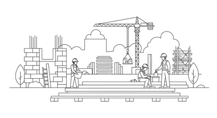 Naklejka premium Construction Site Line Art Illustration with Workers, Crane, and City Buildings for Coloring Page