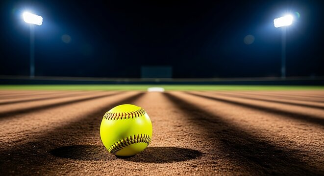 Softball resting on field under bright stadium lights at night with dark background, cinematic sports atmosphere capturing focus, anticipation and competitive spirit.