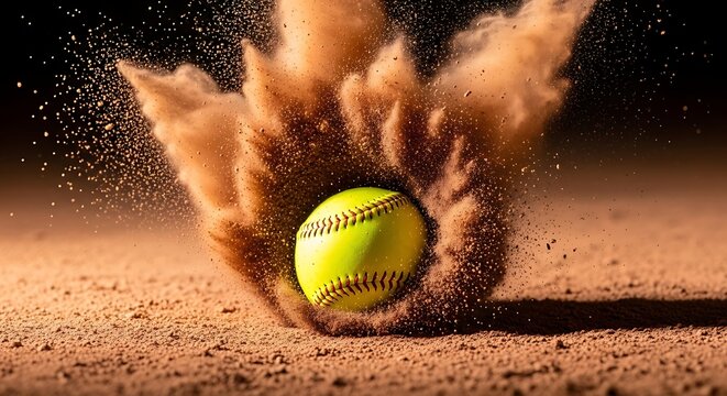 Softball hitting ground with dust explosion frozen mid-air, dramatic lighting and dynamic motion, powerful sports concept capturing impact, speed and competitive energy.